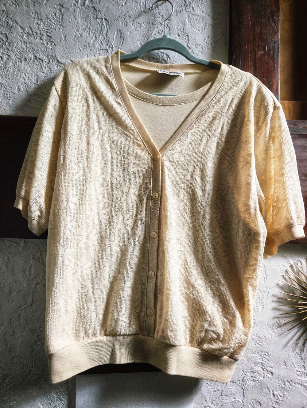Light Yellow Floral Knit Short-Sleeve Button-Front Cardigan Sweater
